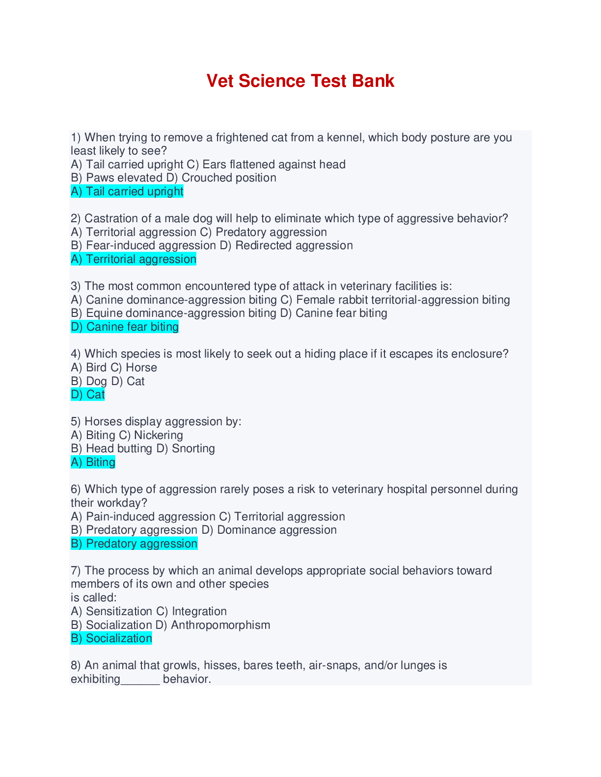 Preview of Vet Science Test Bank (Questions & Answers)